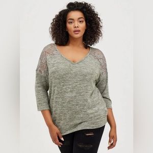 Relaxed Fit Super Soft Plush V-Neck Lace Yoke Dolman Top size 2